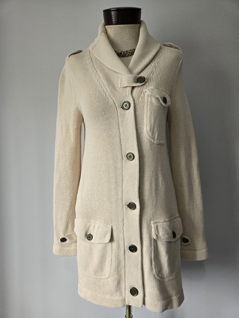 Eddie Bauer Linen And Cotton Cream Knit Trench Coatigan. Size Small
